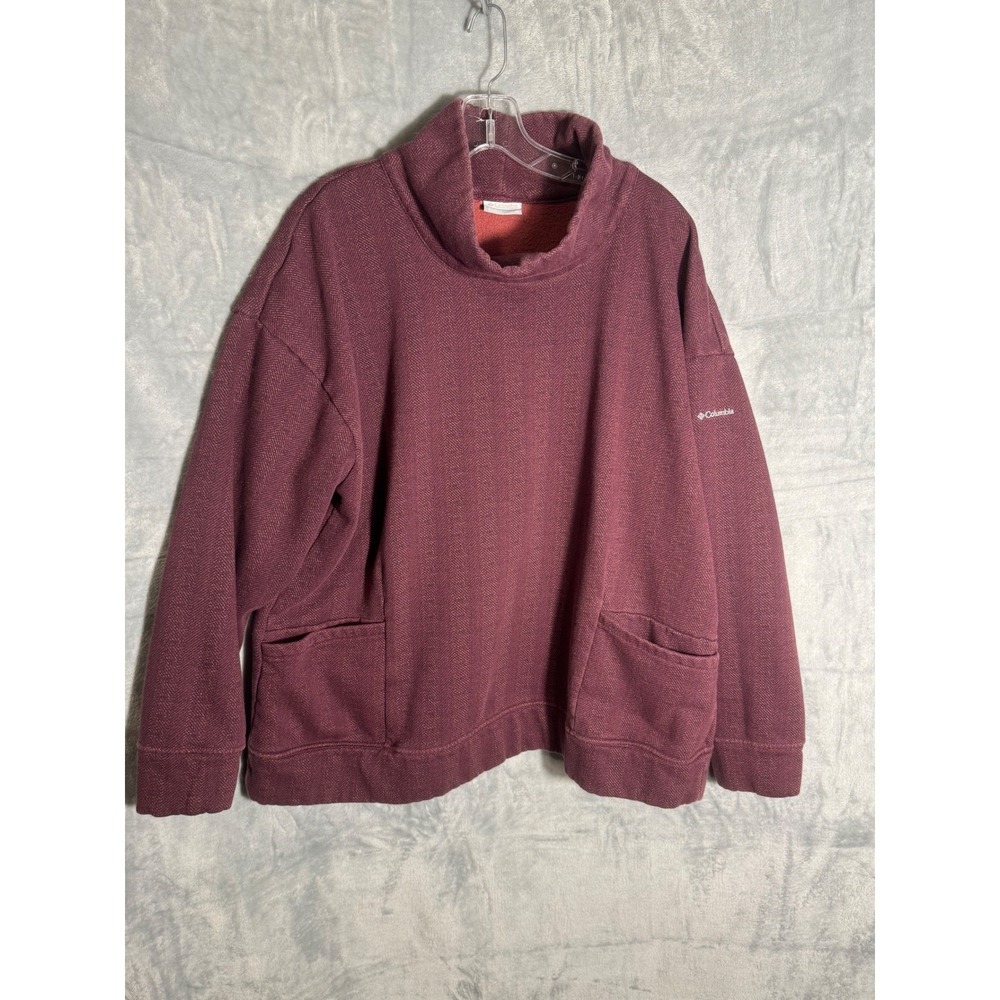 Columbia Womens 2X Burgundy Herringbone Cowl Neck Fleece Sweatshirt pockets‎